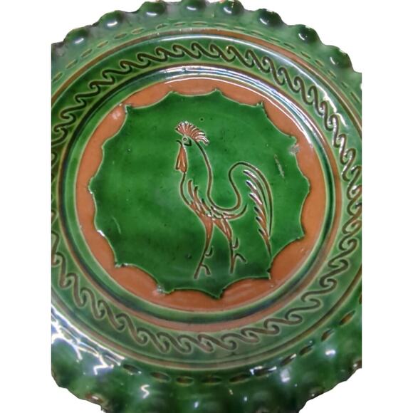 Vintage Mid Century Incised Carved Handmade Tito Ubeda Pottery Dish Green 9" - Picture 8 of 10